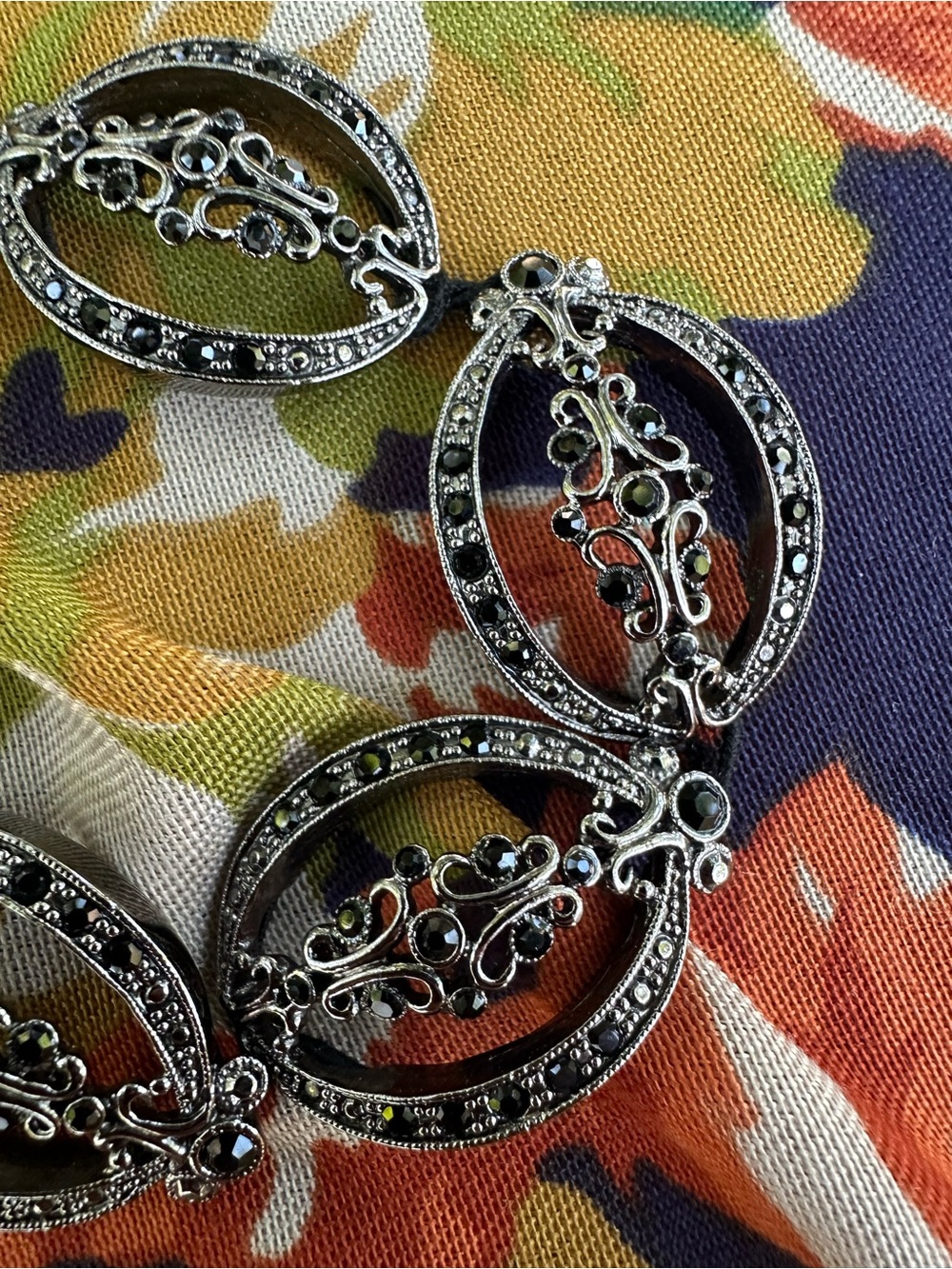 Silver-Tone Black Marcasite Oval Link Bracelet - Women Jewelry